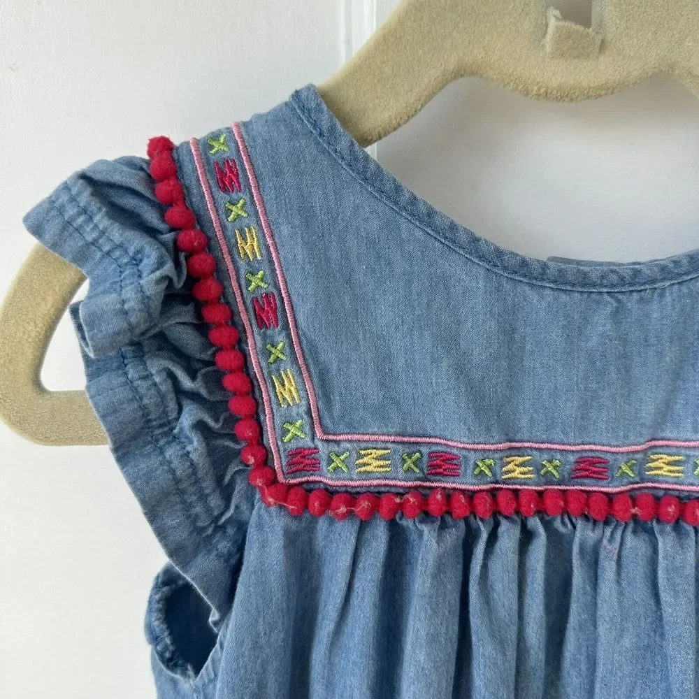 Le Top girl Chambray Pom Pom trim and tassel‎ Dress Size 3T Blue
